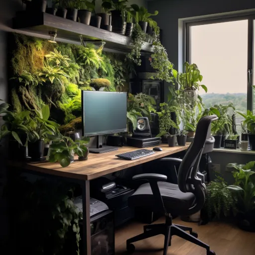 Gaming Schreibtisch und Gaming Stuhl mit pflanzen wand in einem Zimmer