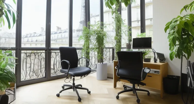 office chairstanding in a nice homeoffice surrounded by plants in paris in a spacious apartment with view of the eiffeltower