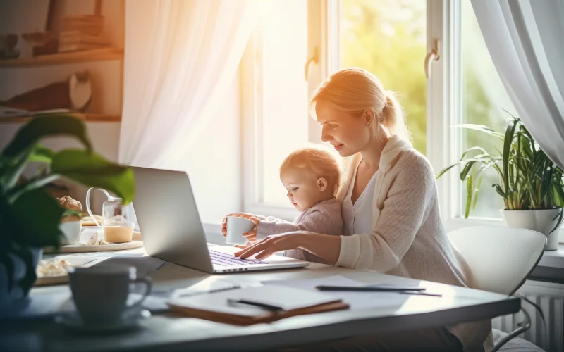 Weibliche Mutter mit Baby auf dem Arm vor einem Laptop welcher auf einem Schreibtisch platziert ist