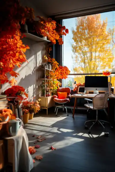 Schreibtisch im Büro Zimmer im Herbst Design mit Tischdeko. Großes Fenster, sonne und Bürostuhl