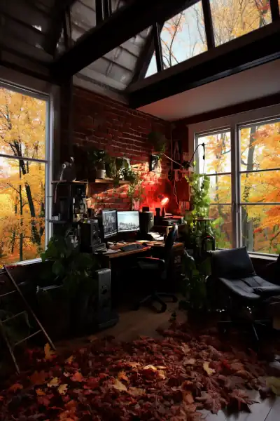Schreibtisch im Büro Zimmer im Herbst Design mit Tischdeko. Großes Fenster, sonne und Bürostuhl