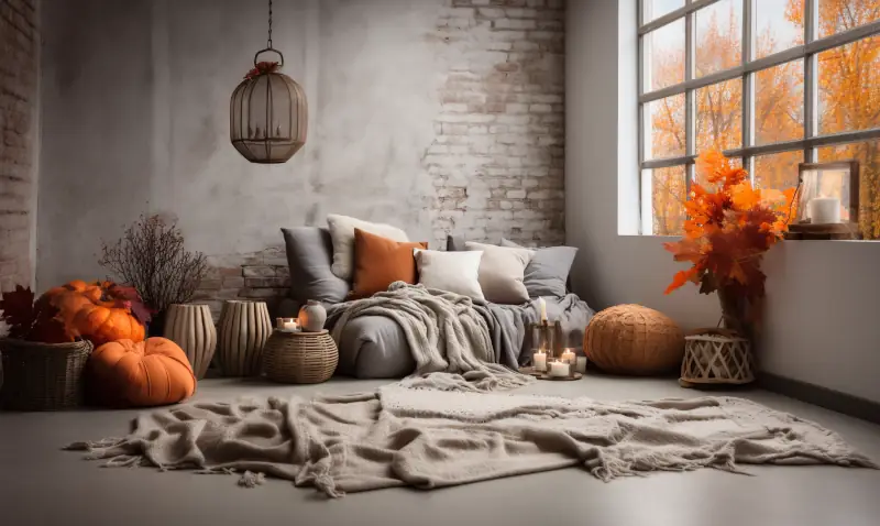 Raum mit sofa und kürbisdesko auf dem boden verteilt. minimalistisch mit beton wänden.